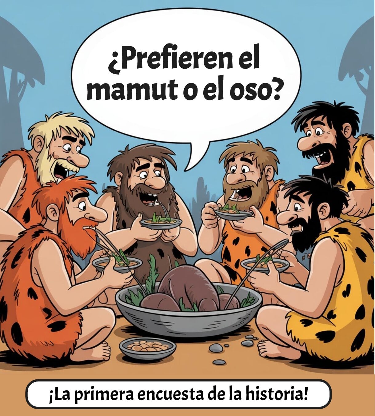 Reunión de hombres prehistóricos: comida y encuesta sobre dicha comida